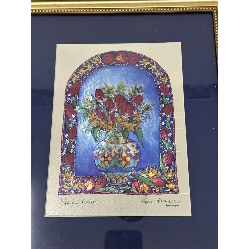 "Tulips" By Paula Kenevan Foil Art Print 3D Effect Gold Framed & Matted 12x10 - Picture 2 of 4